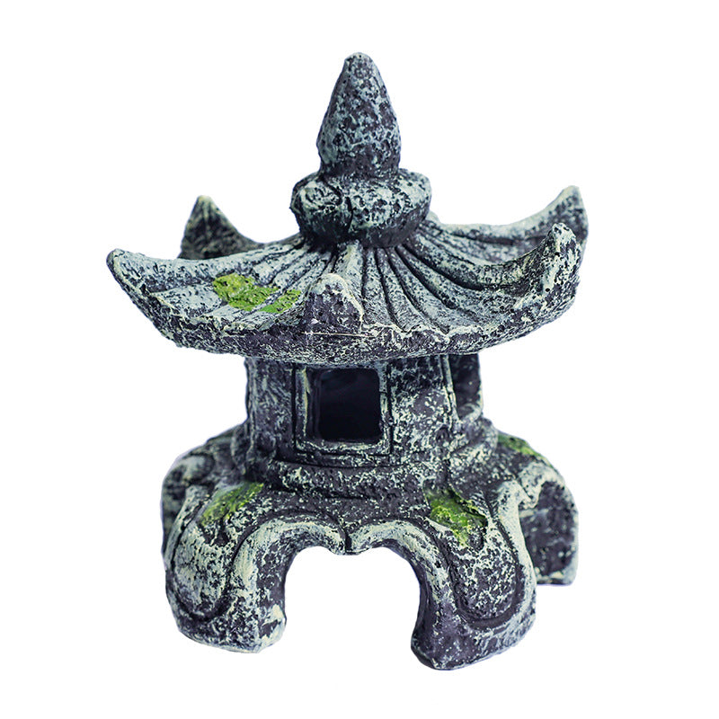 Resin Ancient Pavilion Aquarium Decoration - Rock Cave Building Ornament for Aquatic Landscaping