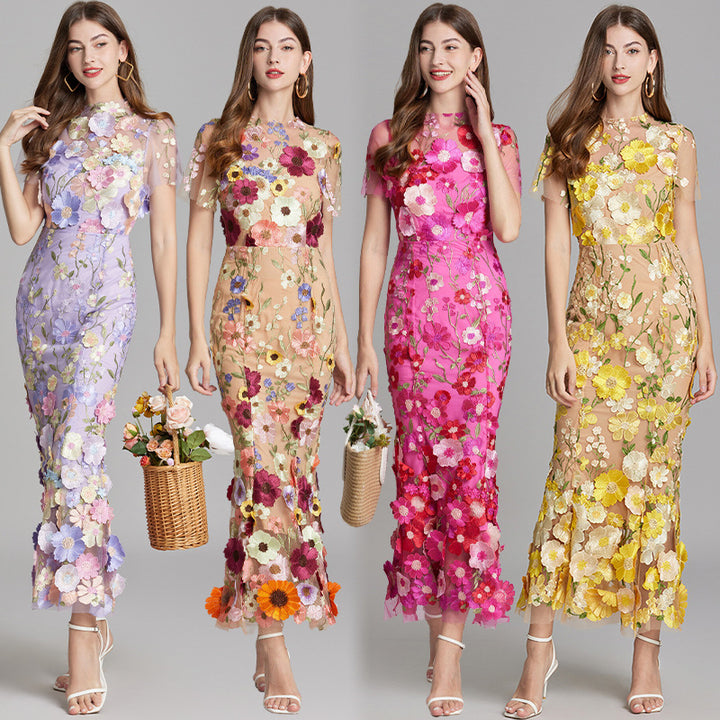 Three-dimensional Flower Mesh Embroidery Dress