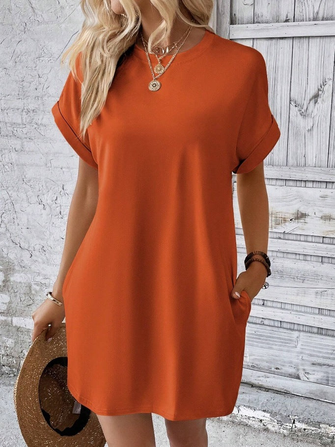 Loose Short Sleeve Dress With Pockets Summer Casual Solid Color Round Neck Straight Dresses Womens Clothing