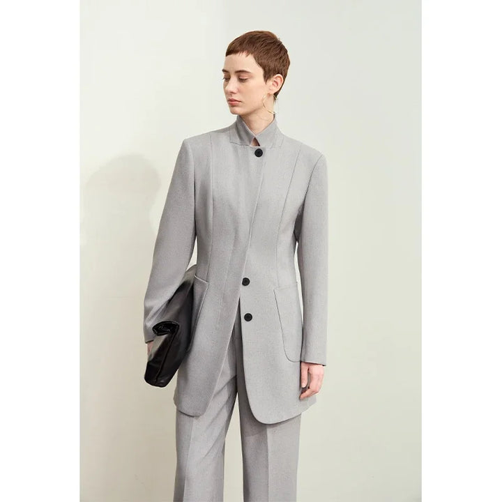 Women's Autumn Slim Tailored Coat with Stand Collar and Shoulder Pads