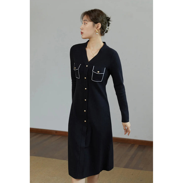 Elegant Black V-Neck Knitted A-line Winter Dress