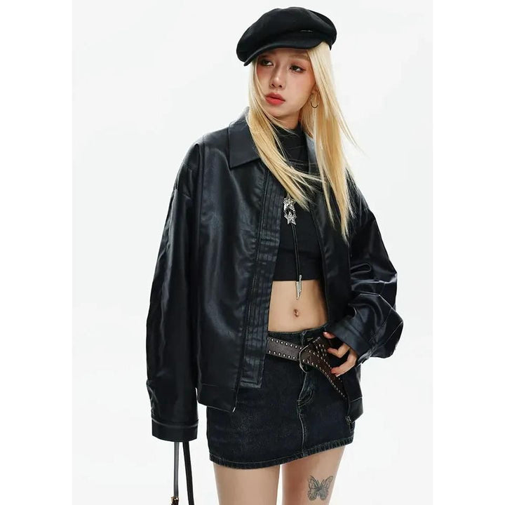 Edgy Zipper Bomber Jacket with Turn-down Collar