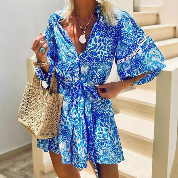 Fashion Stand Collar Straight Print Beach Holiday Dress