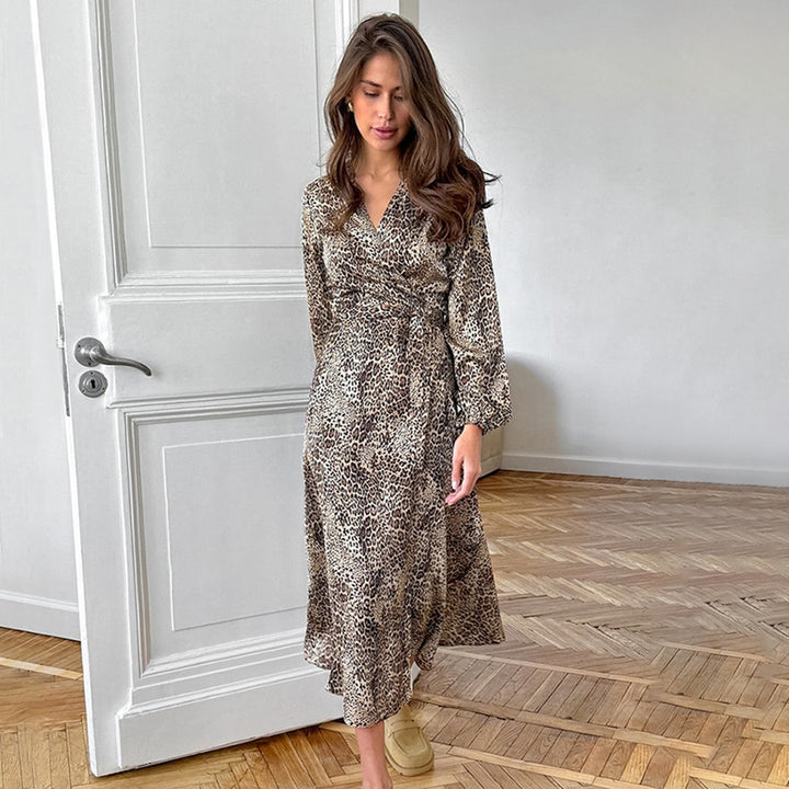 European And American Leopard Print Stomach Blanket Dress Commuter V-neck Lantern Sleeve Satin A- Line Skirt