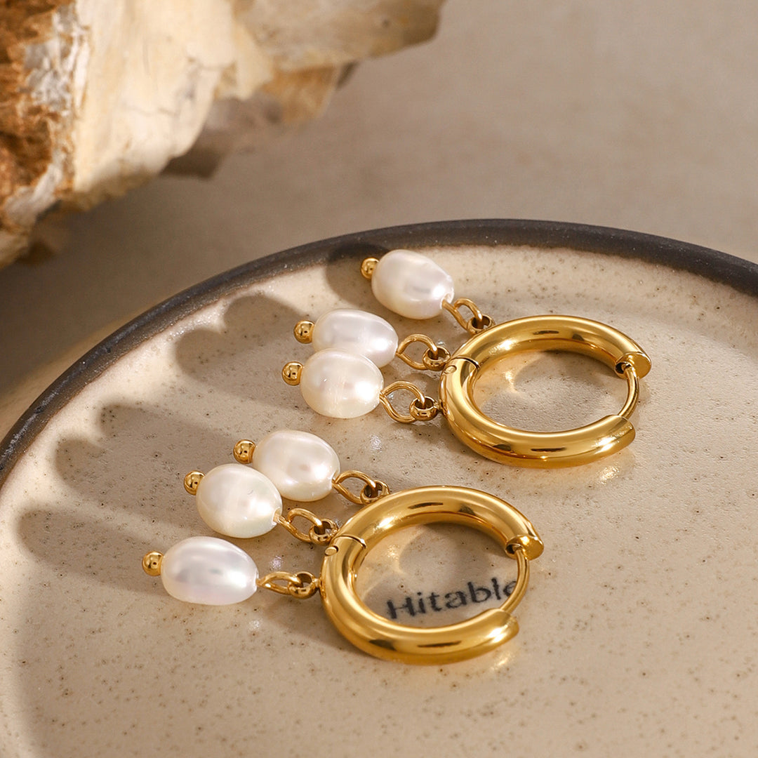 18K Gold Plated Stainless Steel Hoop Earrings with Freshwater Pearls