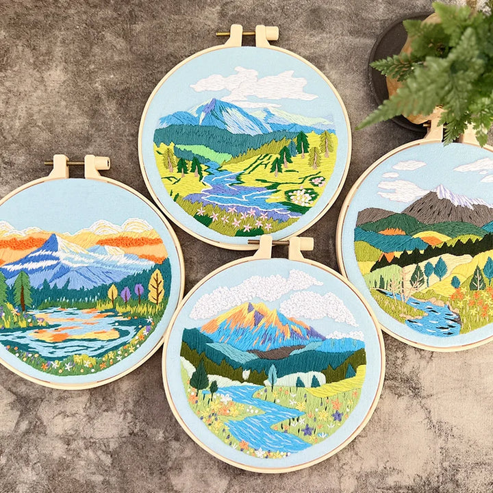 DIY Landscape Embroidery Kit with Printed Pattern and Plastic Hoop