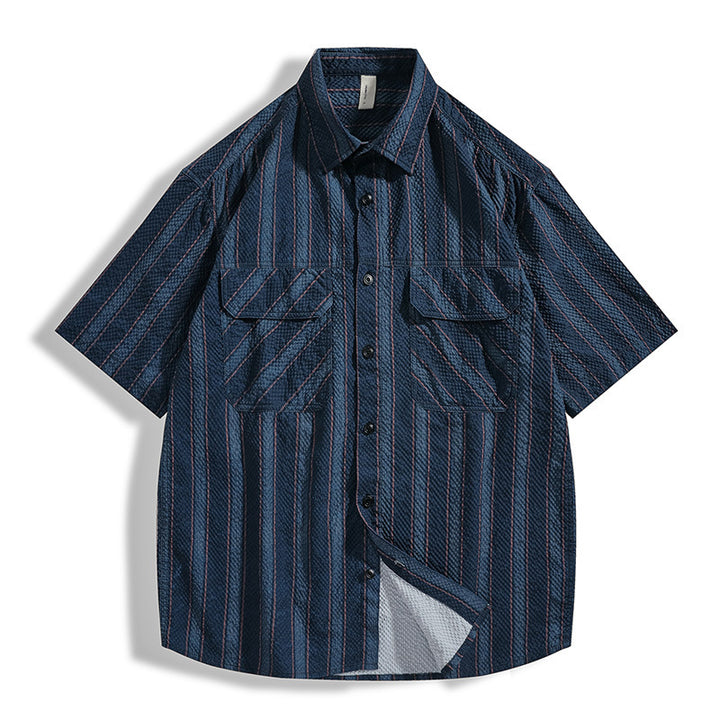 Summer Seersucker Striped Texture Short-sleeved Shirt For Men