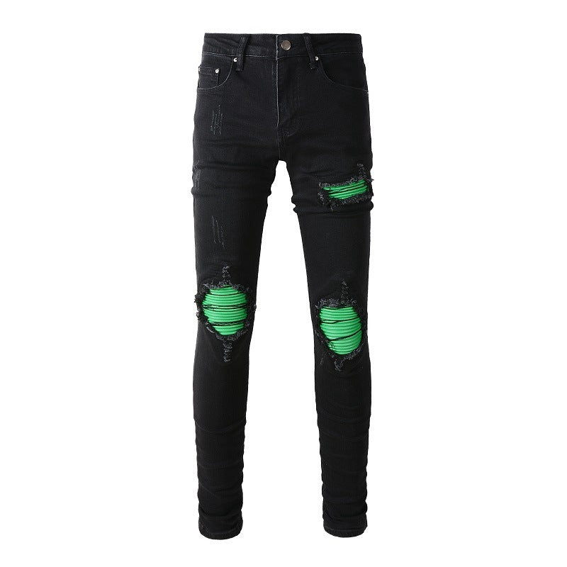 Black Ripped Jeans Men's Green Patchwork Patch Street