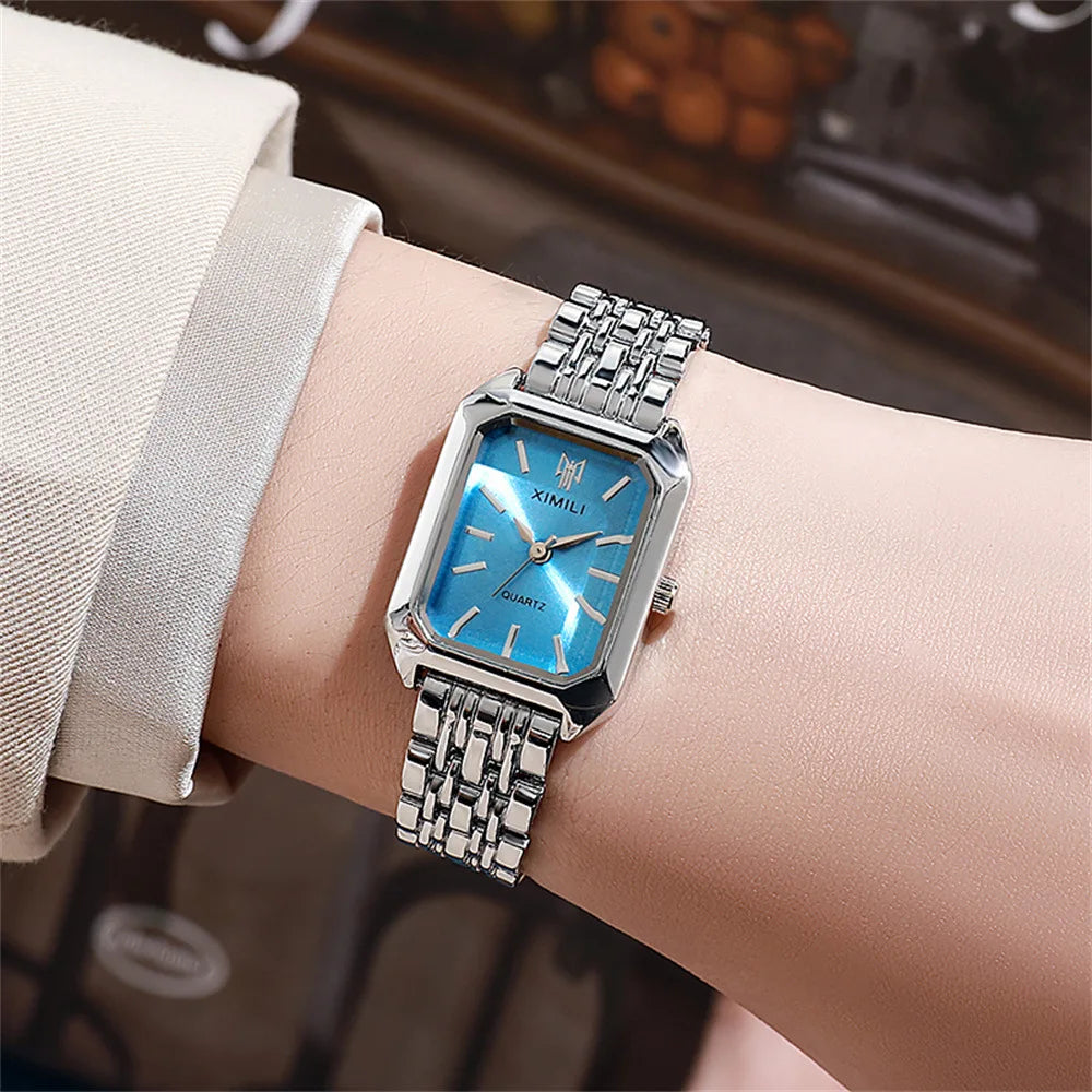 Elegant Women's Square Watch with Gold Alloy Strap