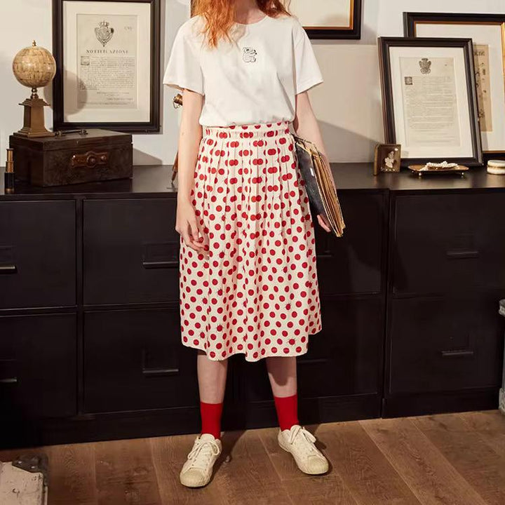 Women's Polka Dot A-line Cotton Skirt with Elastic Waist and Button Decoration