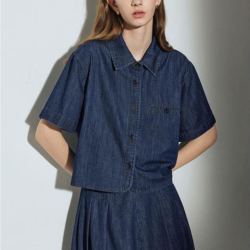 Denim Blouse Shirt - Turn Down Collar Short Sleeve Streetwear Top