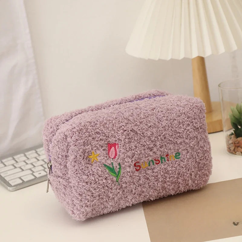 Cute Embroidered Flowers Cosmetic Bag