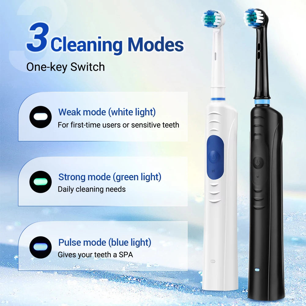 Rotary Electric Toothbrush for Adults – Smart Vibration with 3 Modes & 4 Replacement Heads