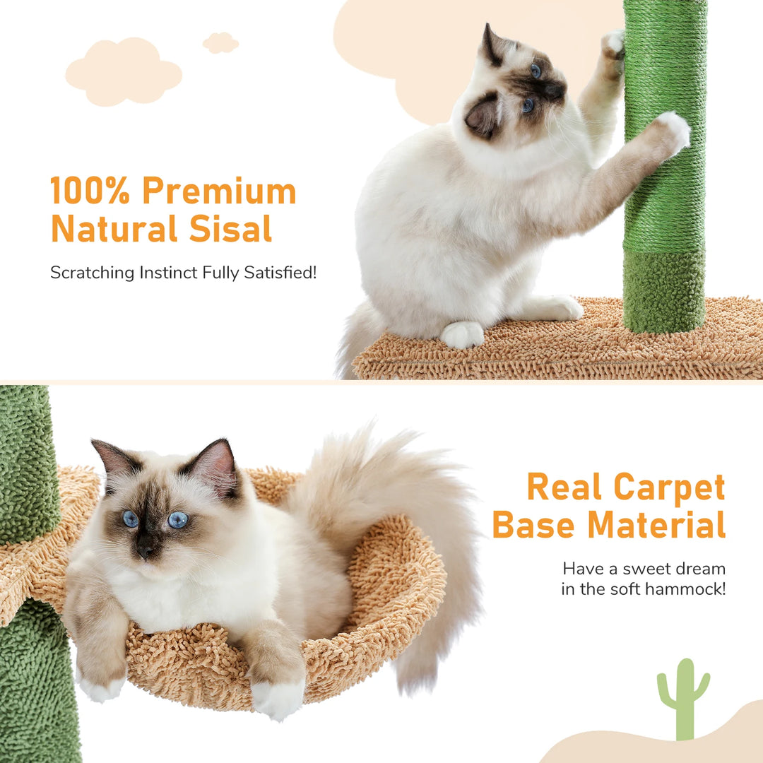 5-Tier Adjustable Floor-to-Ceiling Cat Tree Tower with Cactus Design, Hammock, and Scratching Post