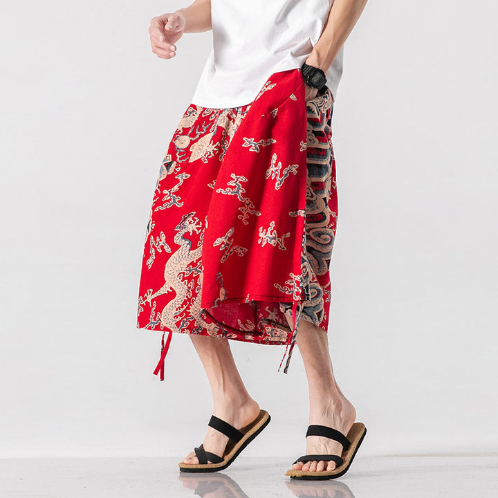 Men's Loose-fitting Chinese Style Elephant Flower Cropped Large Trunks Radish Beach Flower Pants