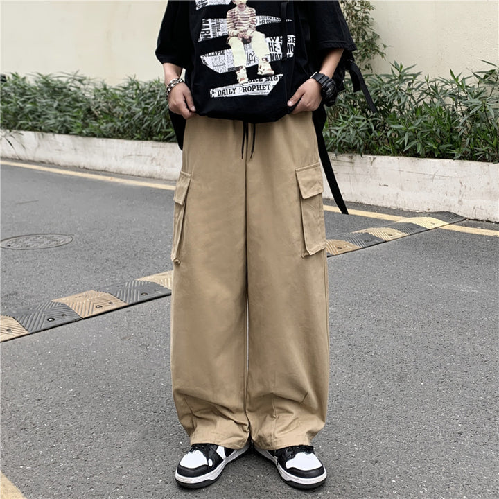 Japanese-style Retro Pants Men's Solid Color Wide Leg Washed Cotton Overalls Straight Loose Casual Trousers