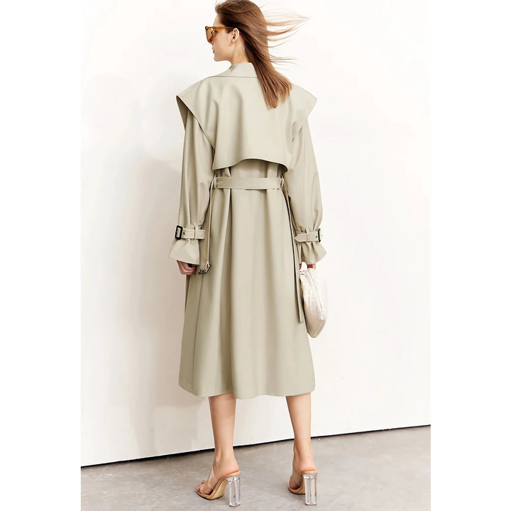 Minimalist Long Trench Coat for Women - Autumn Turndown Neck Patchwork Single Breasted