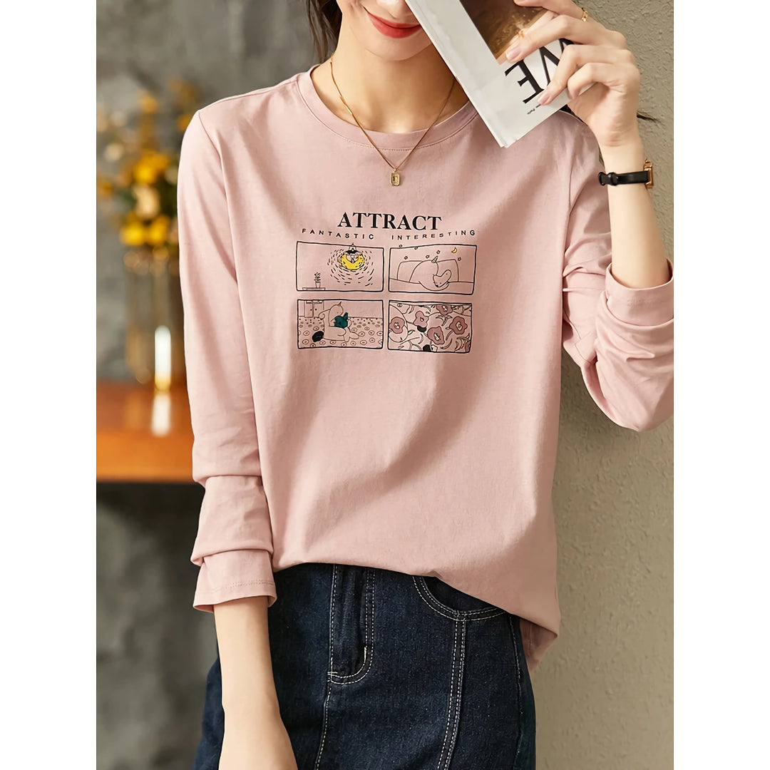 Cotton Cartoon Printed O-Neck Women’s Autumn Pullover