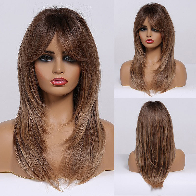 Gradient Gold Black Brown Mid-length Straight Hair Wig