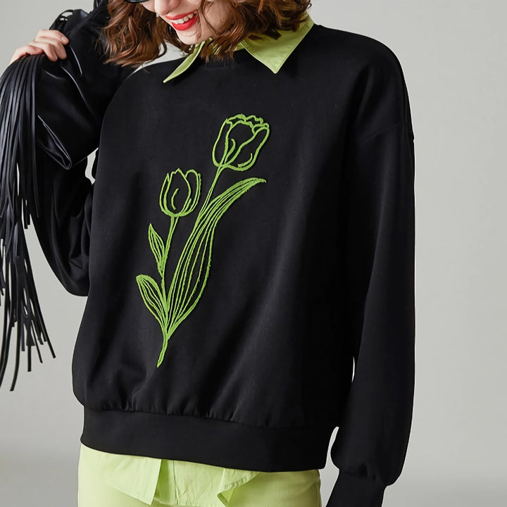 Fashionable Women's Floral Embroidered Loose Fit Pullover Hoodie