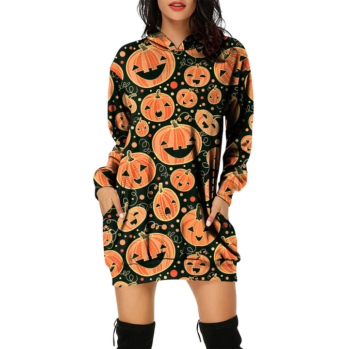 Halloween Theme Women's Pullover Hooded Sweater Dress