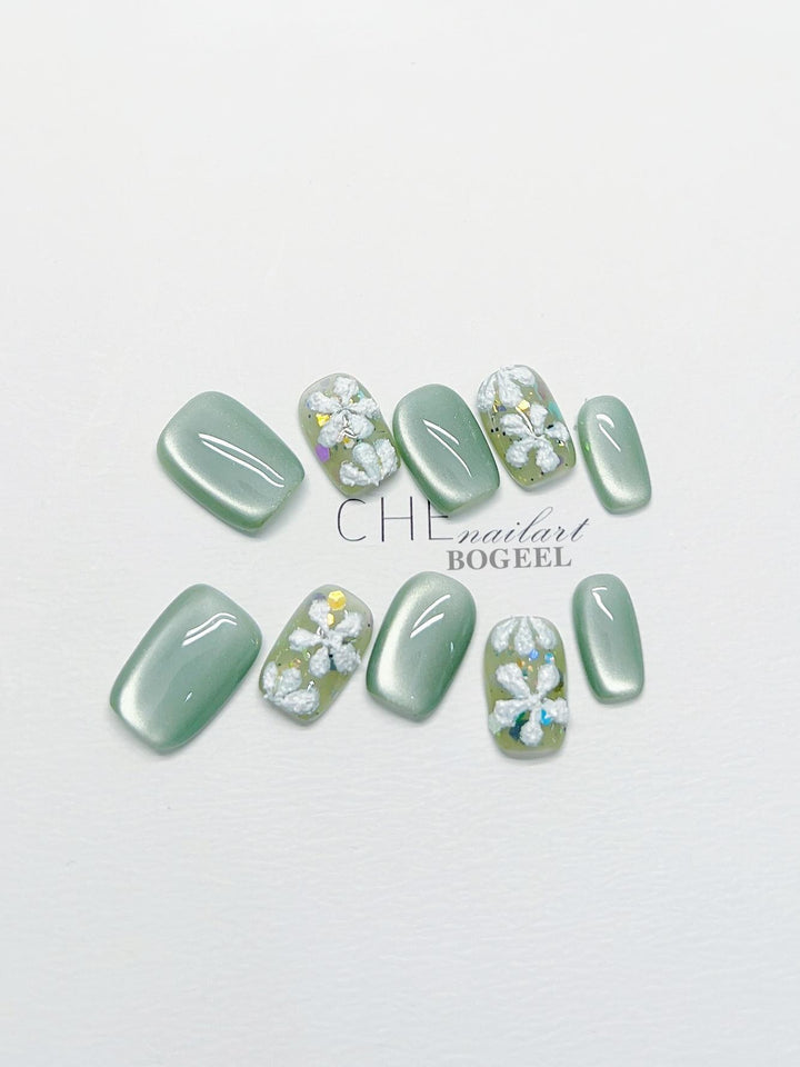 Hand-worn Nail Green Cat's Eye Three-dimensional Embossed Flowers