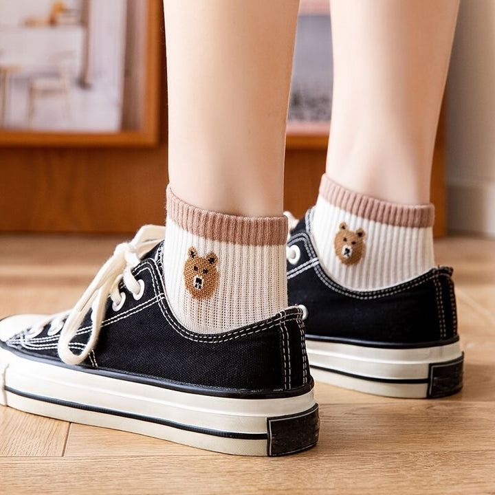 5 Pairs Cute Teddy Bear Ankle Socks - Comfy Short Crew Socks