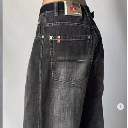 High Waist Retro Distressed Black Gray Wide-leg Jeans