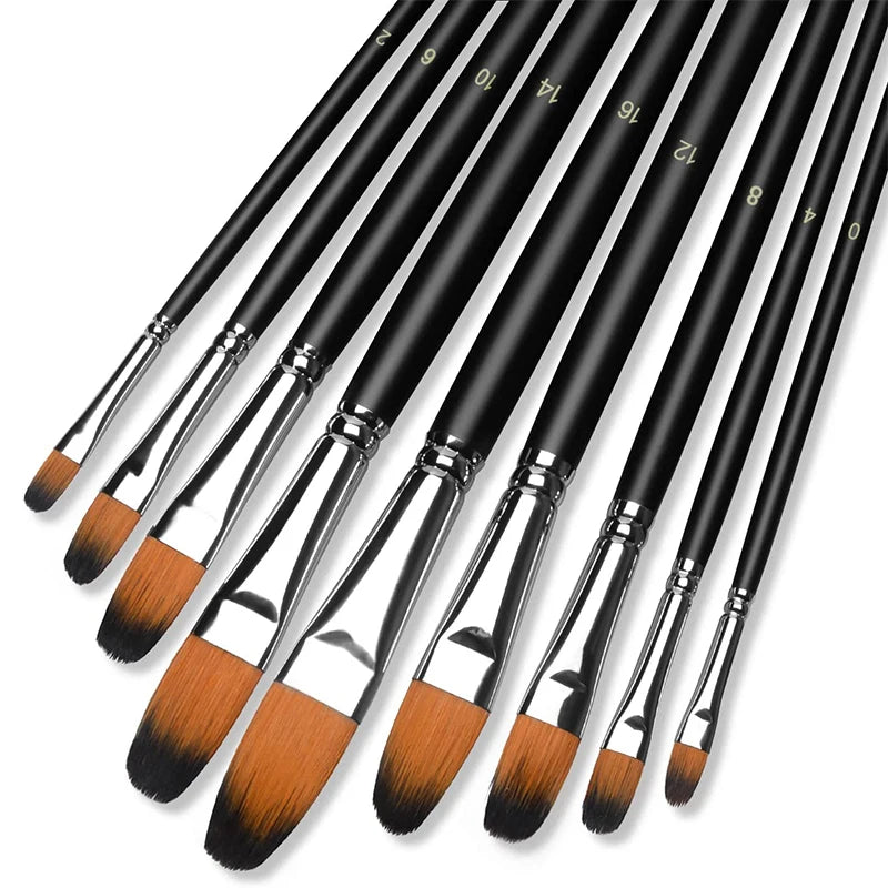 9pcs Filbert Paint Brushes Set - Nylon Hair, Wooden Handle for Oil, Acrylic, Watercolor & Gouache