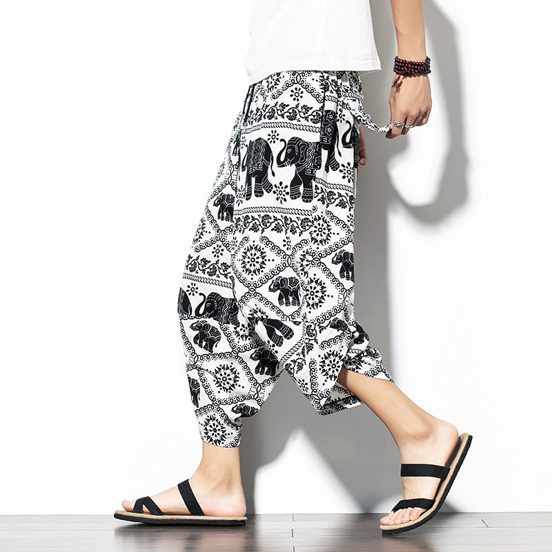 Printed Pants Baggy Cotton And Linen Loose Casual Cropped Pants