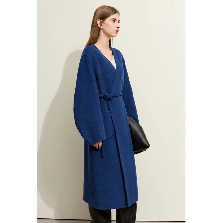 Elegant Autumn Woolen Coat with Chinese Buckle and Waist Rope