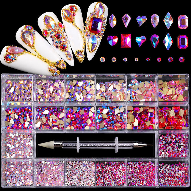 21 Grid Boxed Nail Rhinestone Flat Glass Nail Rhinestone Jewelry Set