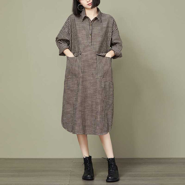 Korean Style Plus Size Striped Loose Long Sleeve Dress Women