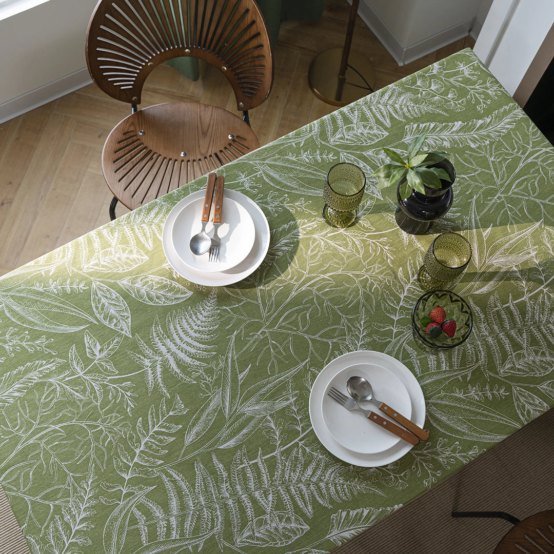 Green Leaf Sketching Dining Table Cloth - American Fabric Art Rectangle