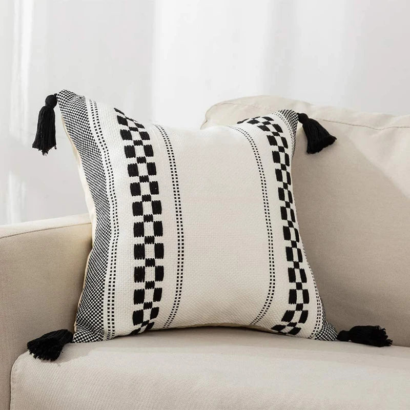 Elegant Black and White Cushion Cover 18x18 with Woven Tassels