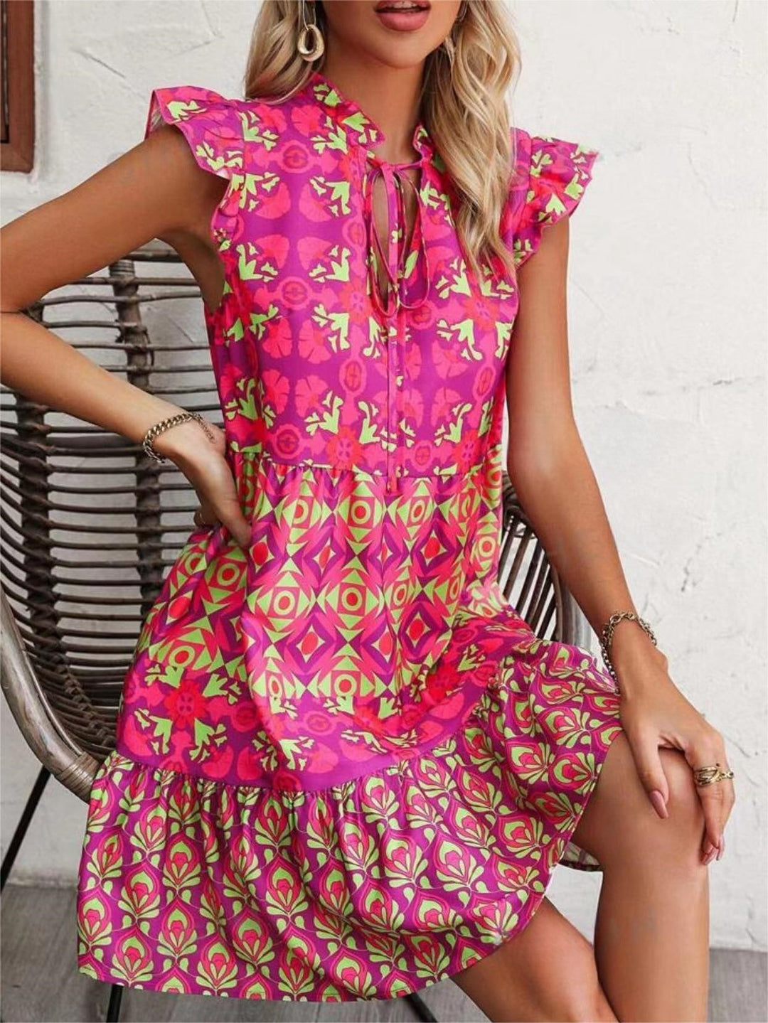 Printed Sleeveless Dress Summer Fashion V-Neck Lace-up Straight Dresses For Womens Clothing
