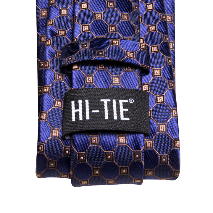 Navy Blue and Gold Plaid Silk Necktie Set with Cufflinks & Pocket Square for Men