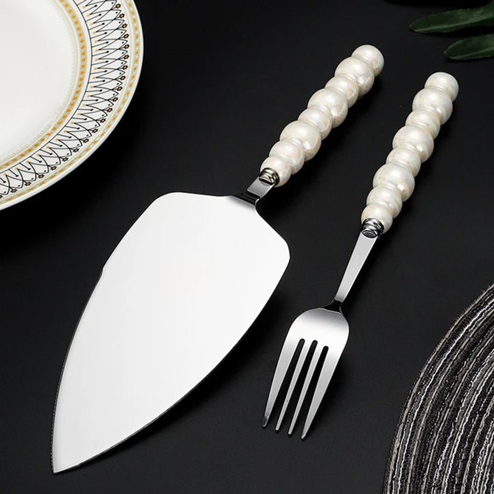 Creative Pearl Ceramic Handle Cake Knife and Spatula Set Stainless Steel