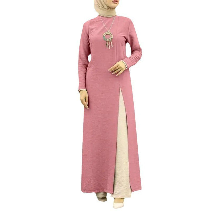 Muslim Women's Wear Ice Silk Wrinkle Long Sleeve High Slit Hem Dress