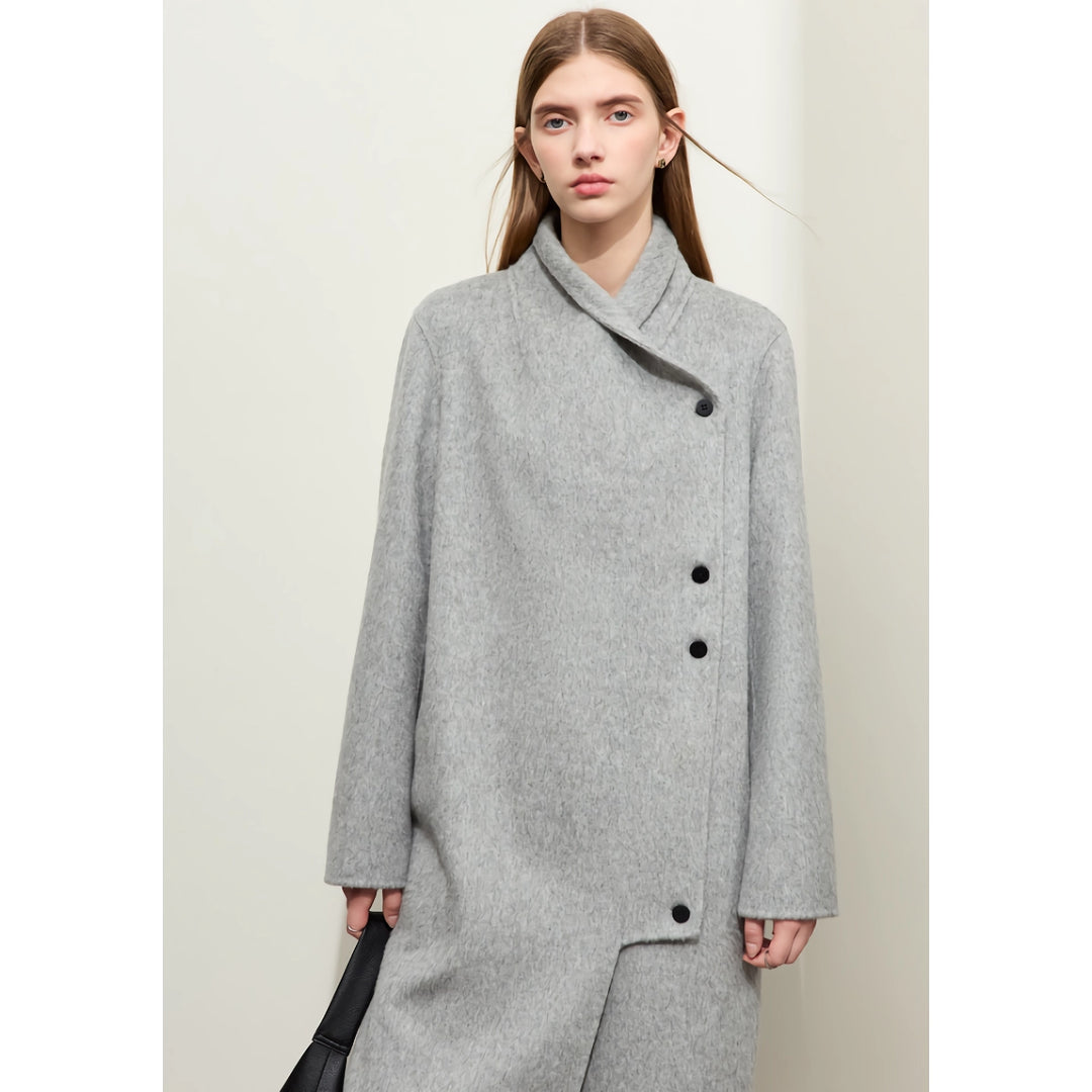 Minimalist Woolen Coat for Women with Stand Collar and Slit