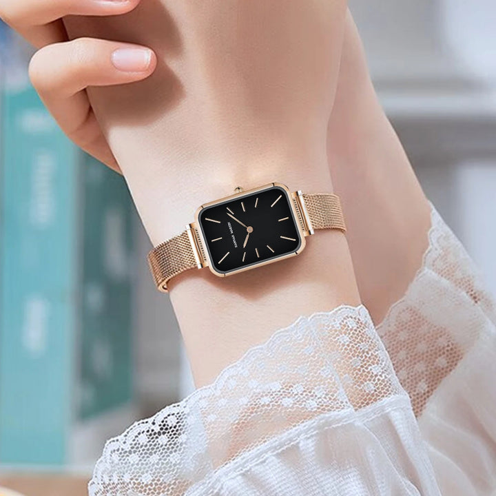 Rectangle Ultrathin Stainless Steel Mesh Ladies Watch with Quartz Movement