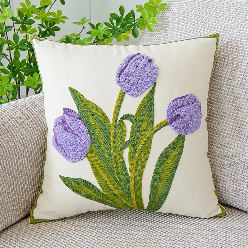 Floral Embroidered Tulip & Orchid Cushion Cover