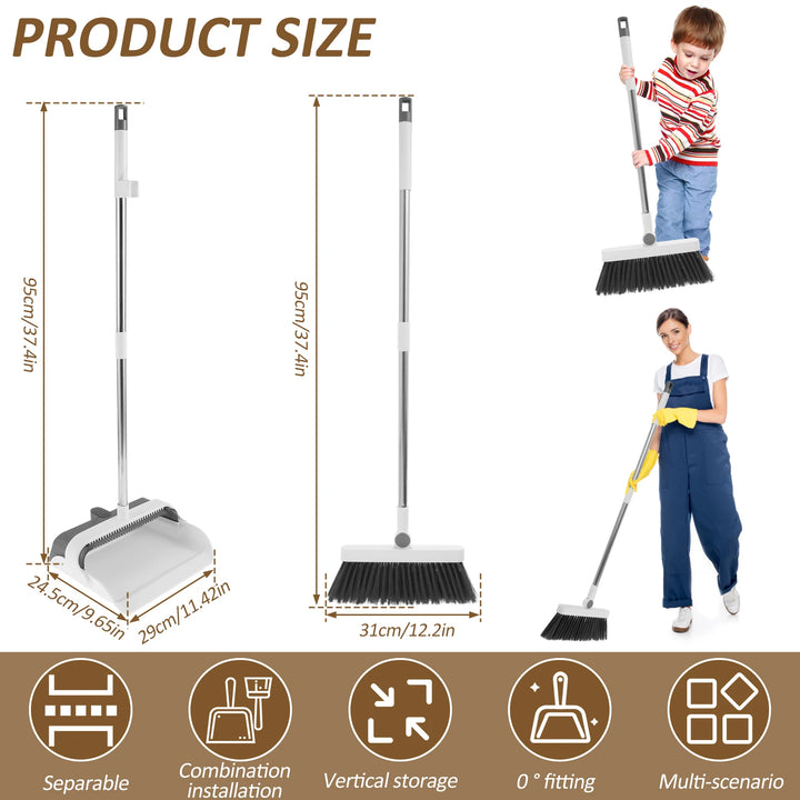 2Pcs Adjustable Broom and Dustpan Set with Long Handle & 180° Swivel Head