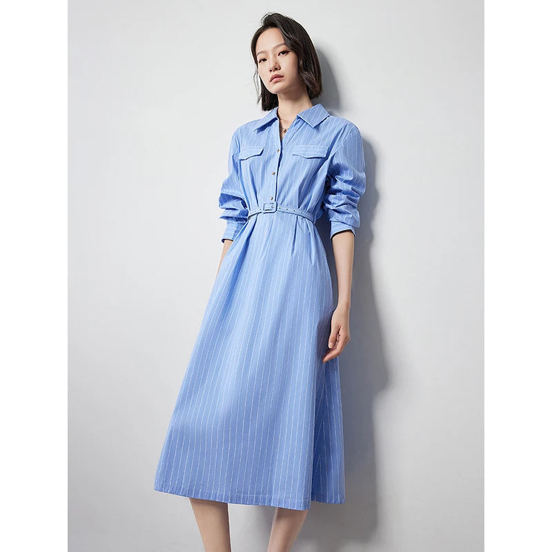 Women's Autumn Blue and White Striped A-Line Shirt Dress