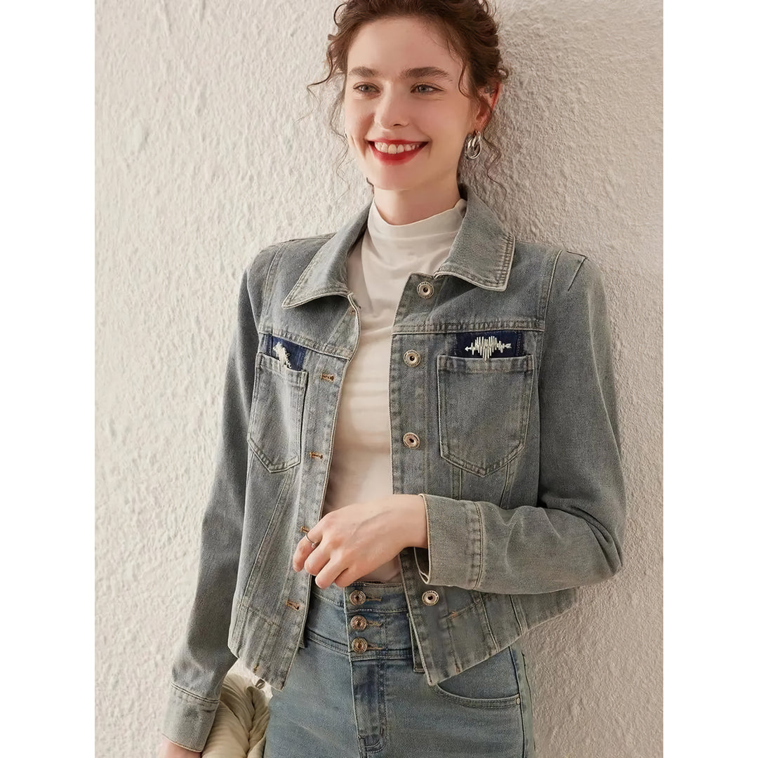 Spring Retro Washed Denim Jacket with Turn Down Collar