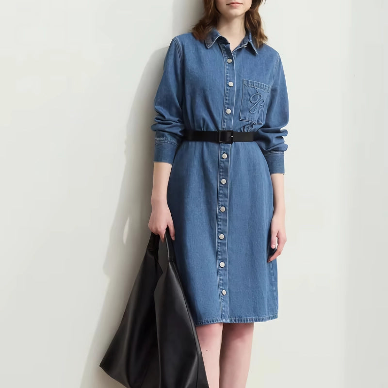 Denim Shirt Dress with Lapel Collar and Letter Embossing