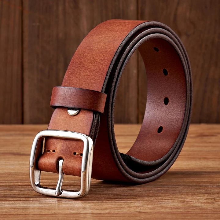 Men's Genuine Leather Vintage Belt with Anti-Allergy Stainless Steel Buckle