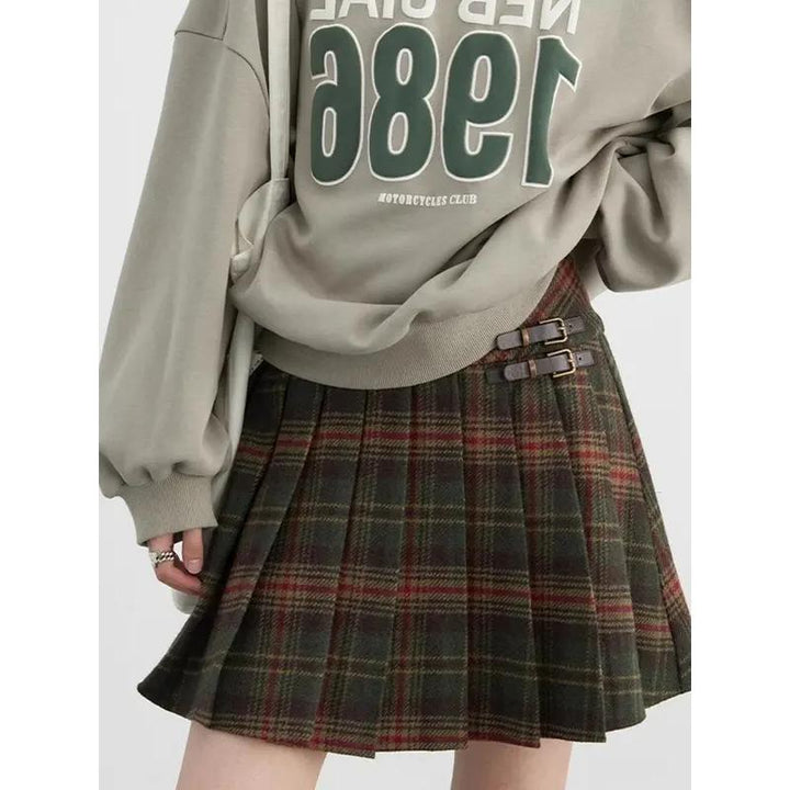 High Waist Wool Plaid A-line Pleated Skirt for Spring and Autumn