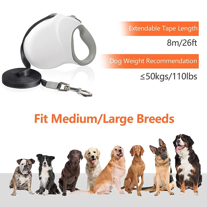 Heavy Duty Retractable Dog Leash with Reflective Anti-Slip Handle - 5m/26ft No Tangle Pet Lead for Medium and Large Dogs