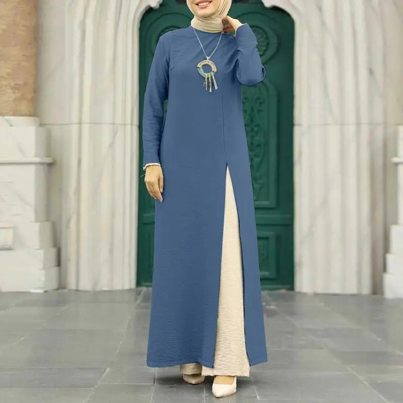 Muslim Women's Wear Ice Silk Wrinkle Long Sleeve High Slit Hem Dress